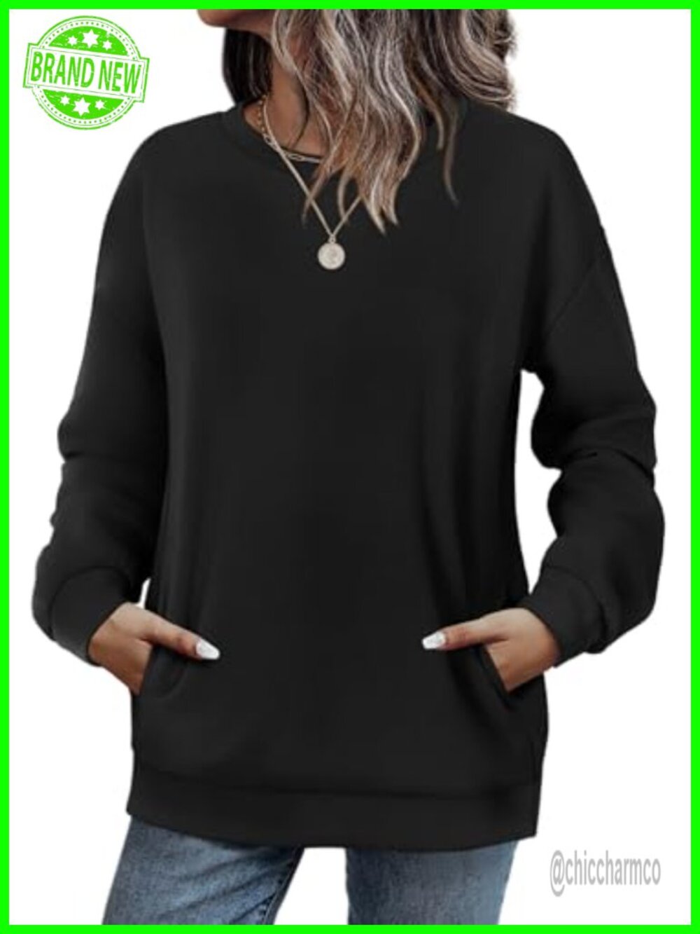 Women's Crewneck Sweatshirt with Pockets Long Sleeve Pullover